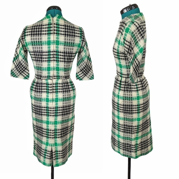 1950s/1960s Cocktail Wiggle Dress XS Vintage Petite Green Retro Tweed Wool - Picture 4 of 7